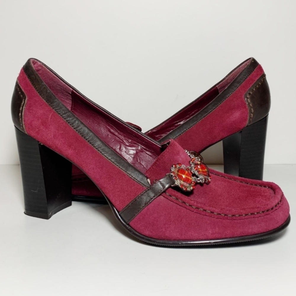 HILFIGER GIRL Burgundy Suede Beaded Loafer Heels 9.5